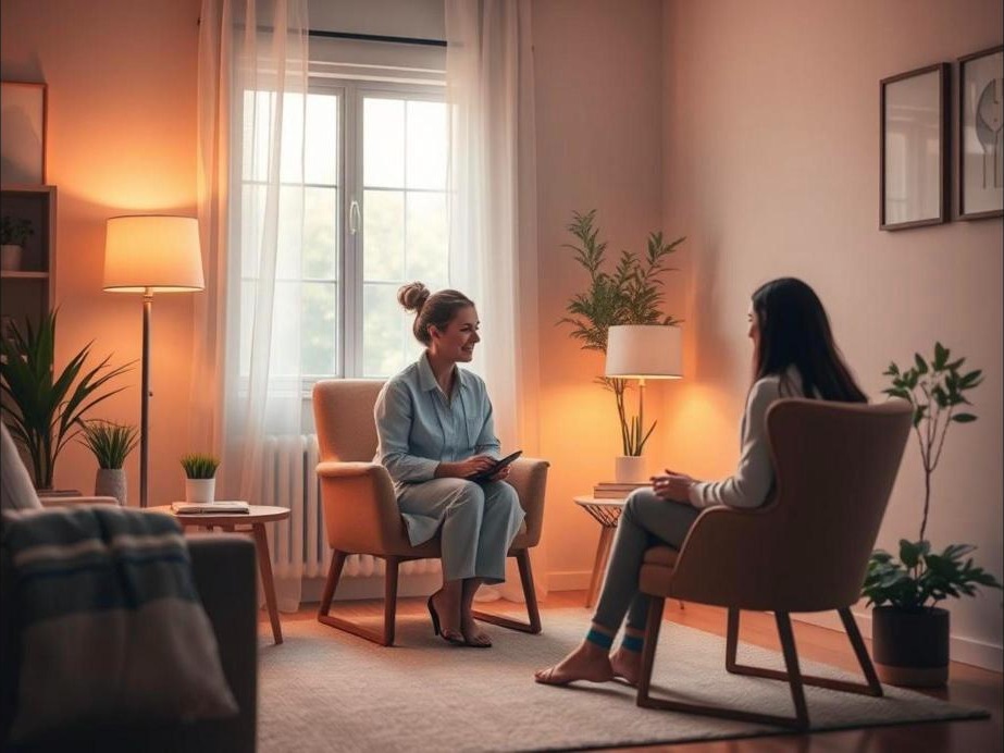 A therapist sitting in a cozy, softly lit room providing support to a client, with warm, inviting colors and comfortable furniture.