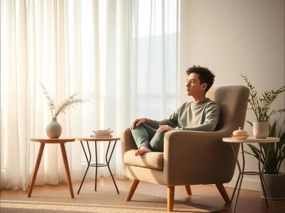 A serene and peaceful counselling room with soft lighting, featuring a comfortable armchair and a small table with calming decor, evoking a soothing atmosphere.