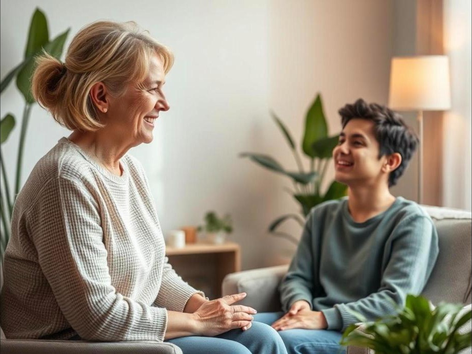A serene scene of a therapist engaging in a compassionate conversation