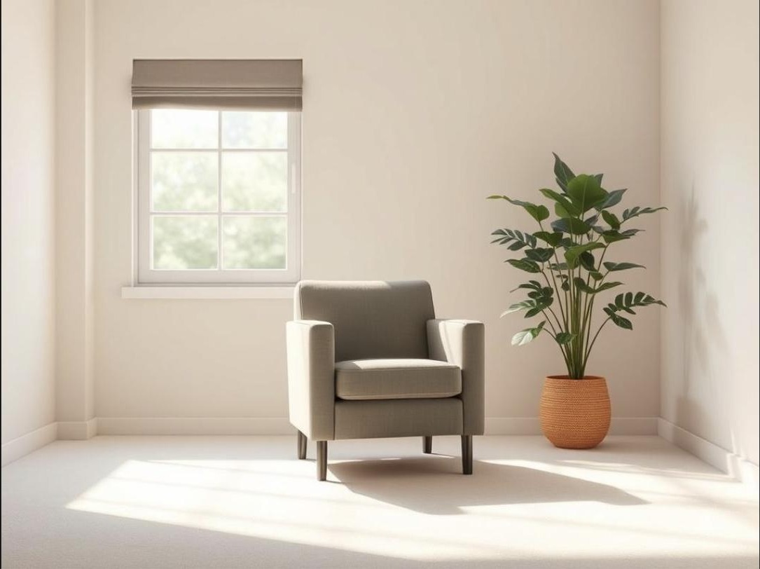 A calm, serene counseling room with soft lighting and gentle colors. A single comfortable armchair is positioned facing a window that allows natural light to filter in. In the background, a potted plant adds a touch of nature, creating a peaceful atmosphere.